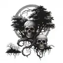 Nature scene with intertwining trees and skulls forming a dark and mysterious forest tattoo design idea