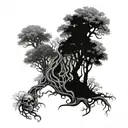 Nature scene with intertwining trees and skulls forming a dark and mysterious forest tattoo design idea