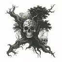 Nature scene with intertwining trees and skulls forming a dark and mysterious forest tattoo design idea