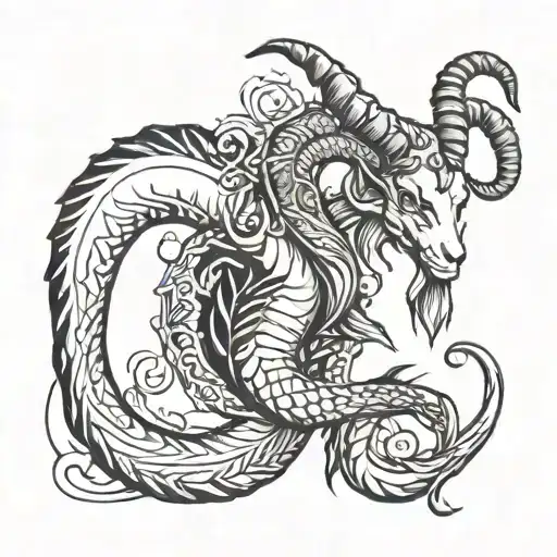 A sea-goat (goat with a fish tail) two fish for Pisces, swimming around the sea-goat. A scorpion integrated tattoo design idea