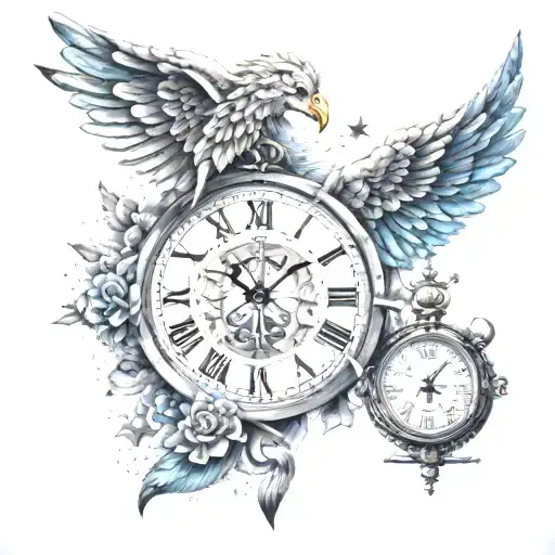 caduceus symbol intertwined with a clock surrounded by the universe and stars tattoo design idea