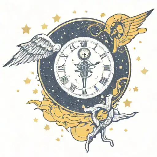 caduceus symbol in side a clock floating in space surrounded by the universe and stars tattoo design idea