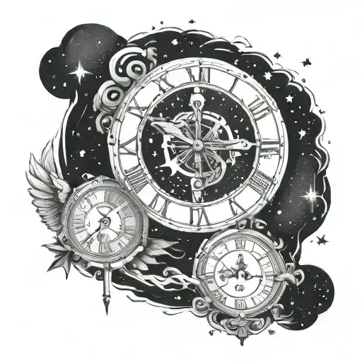 caduceus symbol in side a clock floating in space surrounded by the universe and stars tattoo design idea