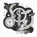 caduceus symbol in side a clock floating in space surrounded by the universe and stars tattoo design idea