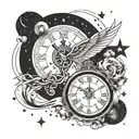 caduceus symbol in side a clock floating in space surrounded by the universe and stars tattoo design idea