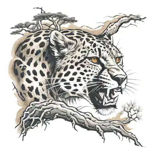 cheetah roaring hiding in forest during a lightning storm with black clouds tattoo design idea