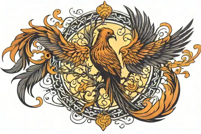 phoenix and tree of life intertwined tattoo design idea