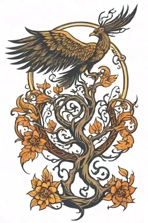 phoenix rising Phoenix wings spread and tree of life with roots tattoo design idea