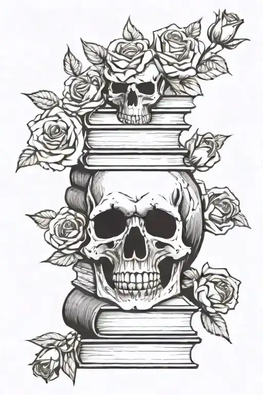 stack of books with skull and roses tattoo design idea