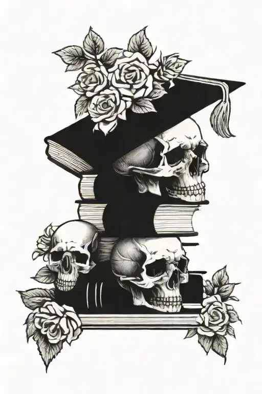 stack of book with skull and roses and mouse tattoo design idea