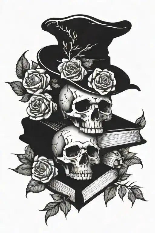 stack of book with skull and roses and mouse tattoo design idea