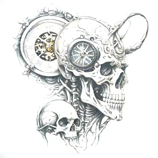 alien, skull and time piece tattoo design idea