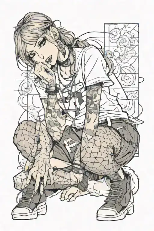 tattooed girl in a t-shirt and fishnet tights with choker necklace tattoo design idea