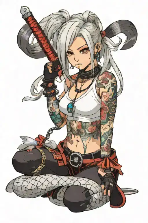tattooed anime girl in a t-shirt fishnet tights with samurai sword and choker necklace tattoo design idea