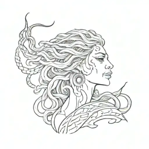 side profile Medusa crying with her mout sewn together tattoo design idea