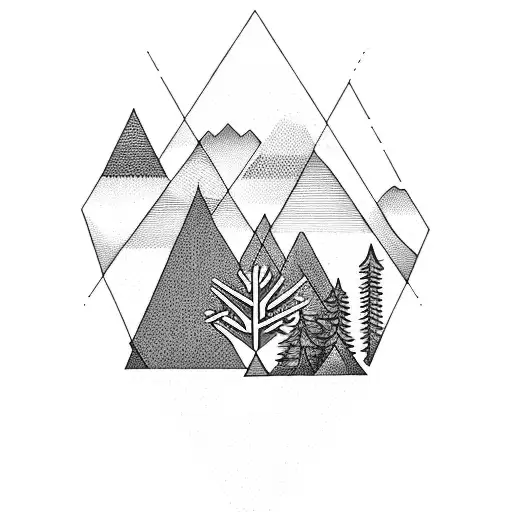 A geometric heart design incorporating elements of nature, such as trees and mountains tattoo design idea