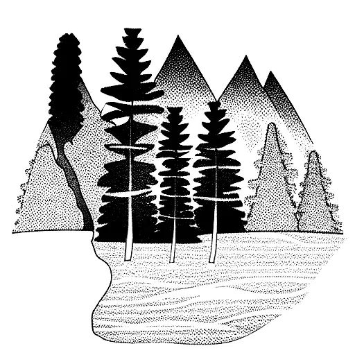 sun and mountains in the background, some pines and trees on one side, some waves on the other side, and a family lookin tattoo design idea
