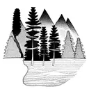 sun and mountains in the background, some pines and trees on one side, some waves on the other side, and a family lookin tattoo design idea