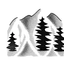 sun and mountains in the background, some pines and trees on one side, some waves on the other side, and a family lookin tattoo design idea