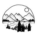 sun and mountains in the background, some pines and trees on one side, some waves on the other side, and a family lookin tattoo design idea
