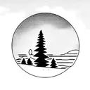 sun and mountains in the background, some pines and trees on one side, some waves on the other side, and a family lookin tattoo design idea