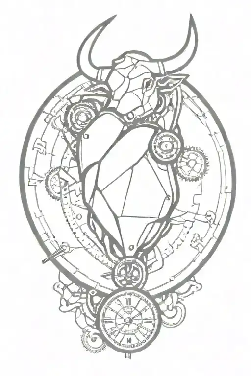 mechanical heart whit pocket watch and bull  tattoo design idea