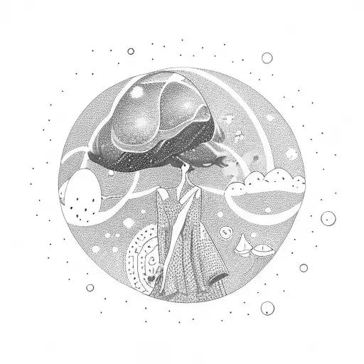 girl holding magic mushroom in space tattoo design idea