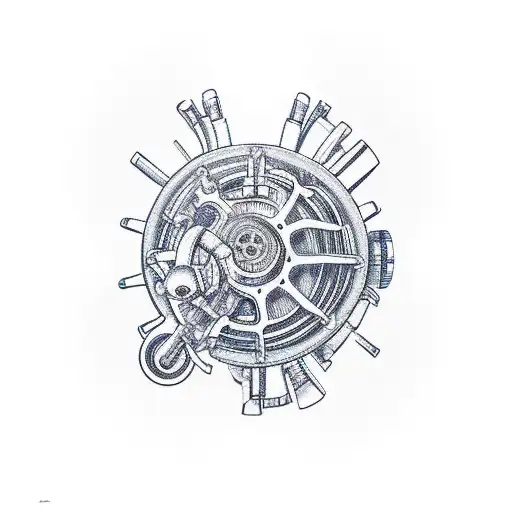 A detailed mechanical gear system integrated into the silhouette of a classic muscle car tattoo design idea