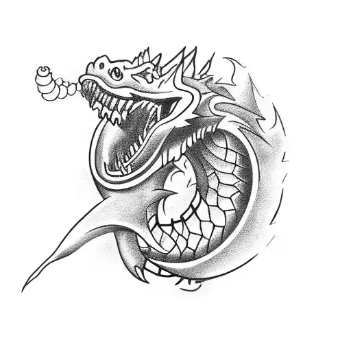 A fierce dragon breathing fire, with a sleek sports car emerging from its mouth tattoo design idea