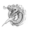 A fierce dragon breathing fire, with a sleek sports car emerging from its mouth tattoo design idea