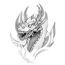 A fierce dragon breathing fire, with a sleek sports car emerging from its mouth tattoo design idea