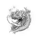 A fierce dragon breathing fire, with a sleek sports car emerging from its mouth tattoo design idea