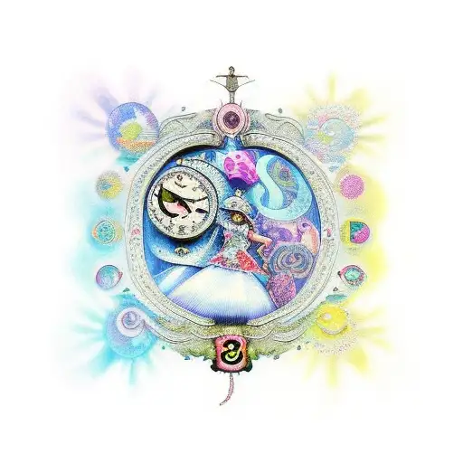 Design a full arm tattoo inspired by "Alice in Wonderland" and psychedelic themes, featuring three central images: a fai tattoo design idea