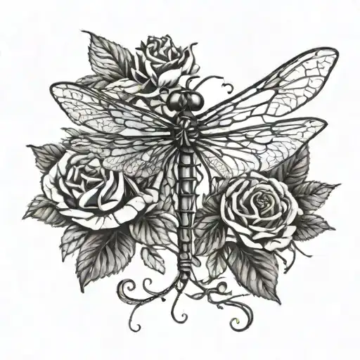 A detailed blackwork tattoo of a dragonfly surrounded by roses and vines tattoo design idea