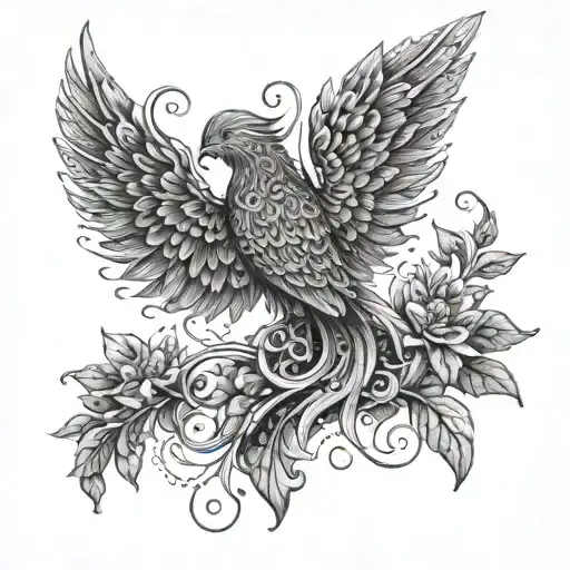 A dotwork tattoo of a seraphim with intricate wings intertwined with plants and vines tattoo design idea