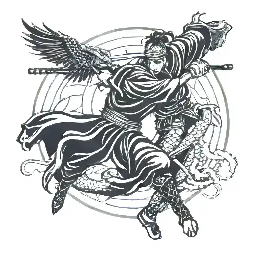 Samurai Ronin fighting a dragon in a yin yang symbol tattoo design idea