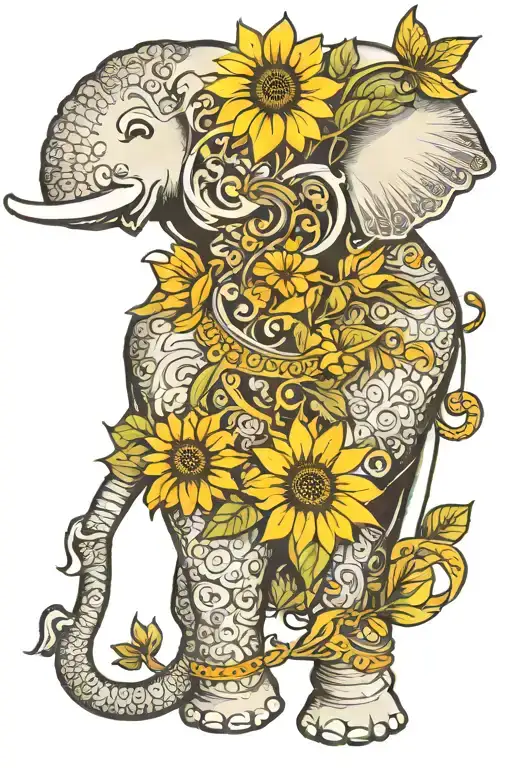 balinese elephant with trunk up holding a sunflower  tattoo design idea