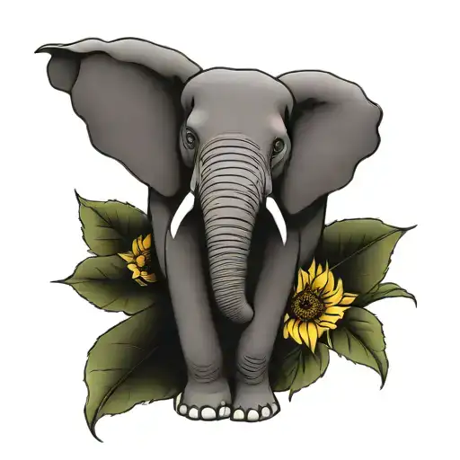 balinese elephant holding a sunflower  tattoo design idea