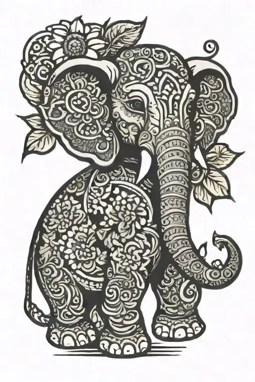balinese elephant with trunk up and holding a sunflower tattoo design idea