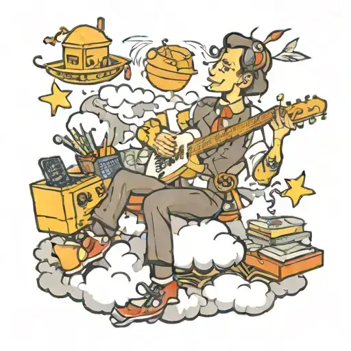 A new-school tattoo design of a HR professional sitting on a cloud, surrounded by musical instruments and office supplies tattoo design idea