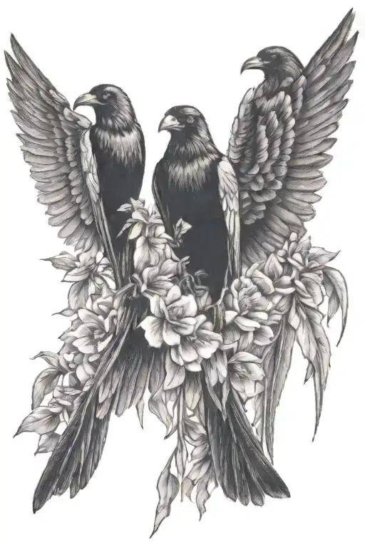 crow and flowers tattoo design idea