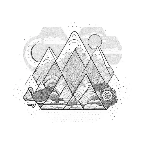 Serotonin Molecule with Nature stuff. Mountains, Trees, sea and a Campervan tattoo design idea