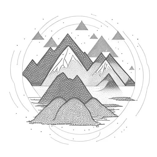 Serotonin Molecule with Nature stuff. Mountains, Trees, sea and a Campervan tattoo design idea