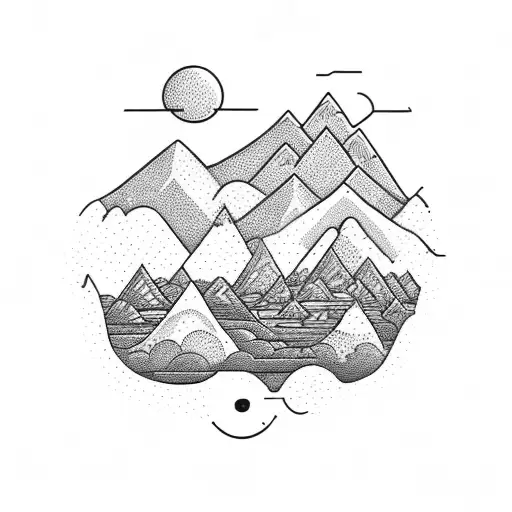 Serotonin Molecule with Nature stuff. Mountains, Trees, sea and a Campervan tattoo design idea