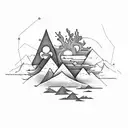 Serotonin Molecule with Nature stuff. Mountains, Trees, sea and a Campervan tattoo design idea