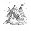 Serotonin Molecule with Nature stuff. Mountains, Trees, sea and a Campervan tattoo design idea