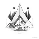 Serotonin Molecule with Nature stuff. Mountains, Trees, sea and a Campervan tattoo design idea