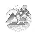 Serotonin Molecule with Nature stuff. Mountains, Trees, sea and a Campervan tattoo design idea