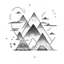 Serotonin Molecule with Nature stuff. Mountains, Trees, sea and a Campervan tattoo design idea