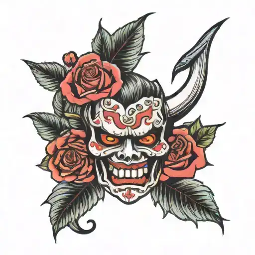 mascara de oni rodeado de rosas tattoo design idea